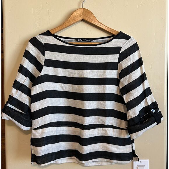 Zara Striped 100% Linen Top Black White Striped Top Gold Button Accent US/S EU/S - Picture 1 of 7
